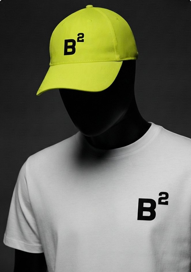 B2 cap in neon yellow and white B2 T-shirt on a dark mannequin